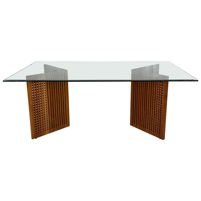 Teak dining table with best sale glass top