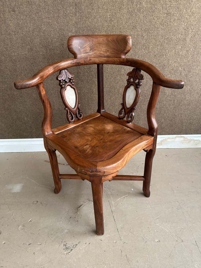 Chinese Rosewood and White Marble Inlay Corner Chair - a Pair