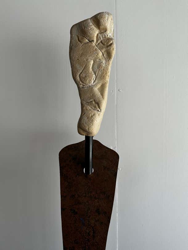 Enigmatic Tall Stone And Iron Semi-Figurative Sculpture