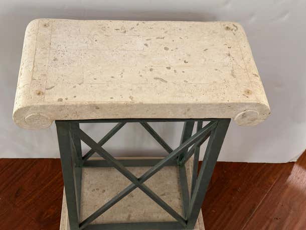 Small Travertin Top Pedestal or Mini-Console with X-Shape Base