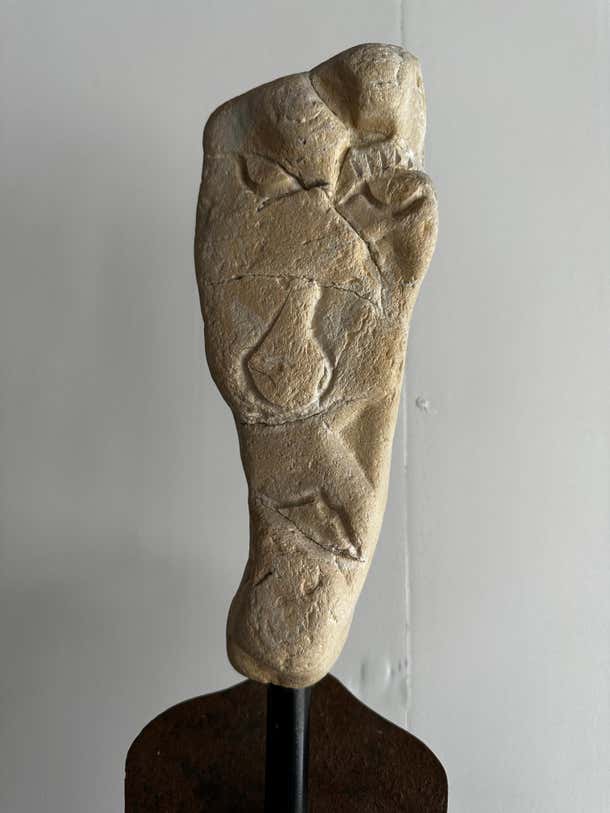 Enigmatic Tall Stone And Iron Semi-Figurative Sculpture