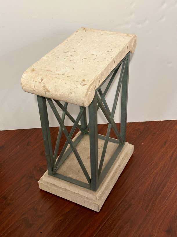 Small Travertin Top Pedestal or Mini-Console with X-Shape Base