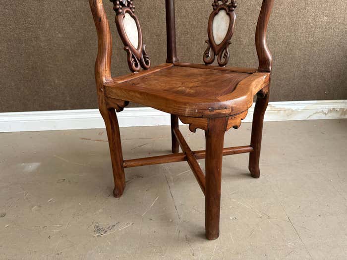 Chinese Rosewood and White Marble Inlay Corner Chair - a Pair