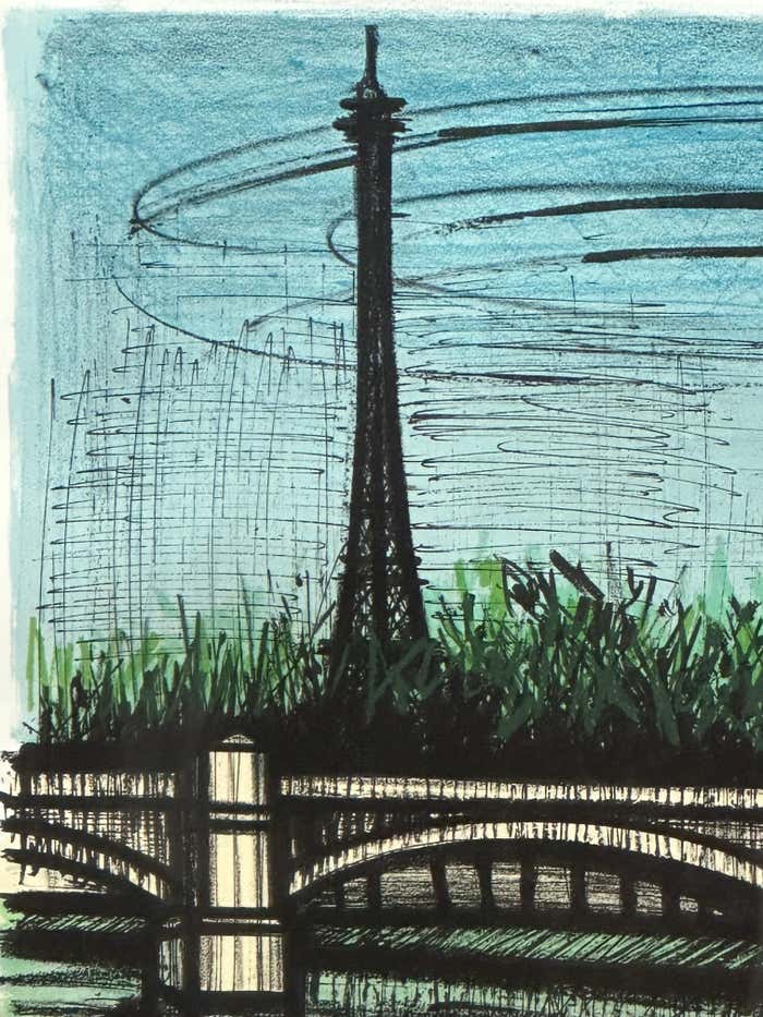 "Parisian Bridge by the Eiffel Tower" Landscape Lithograph by Bernard Buffet