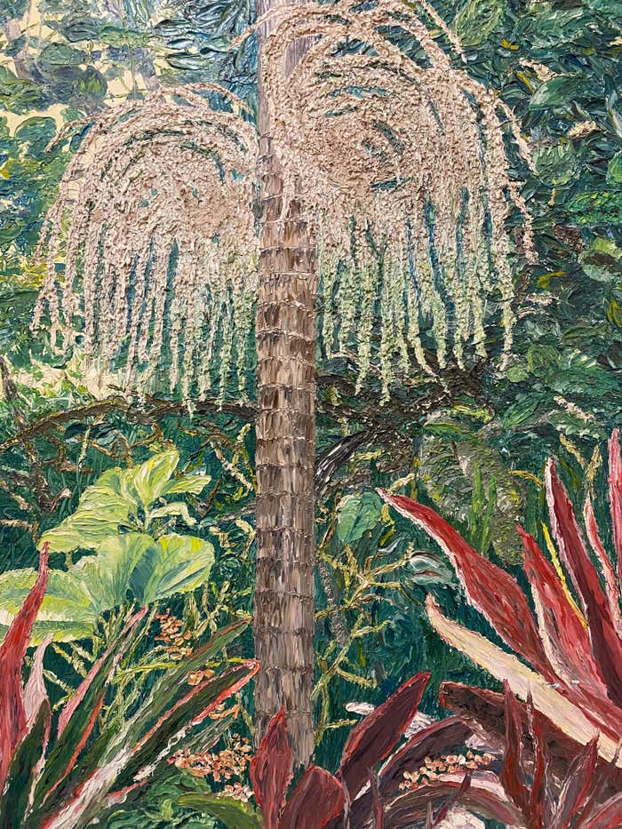 "Palm Tree Symphony" Impressionist Green and Red Oil Landscape Painting