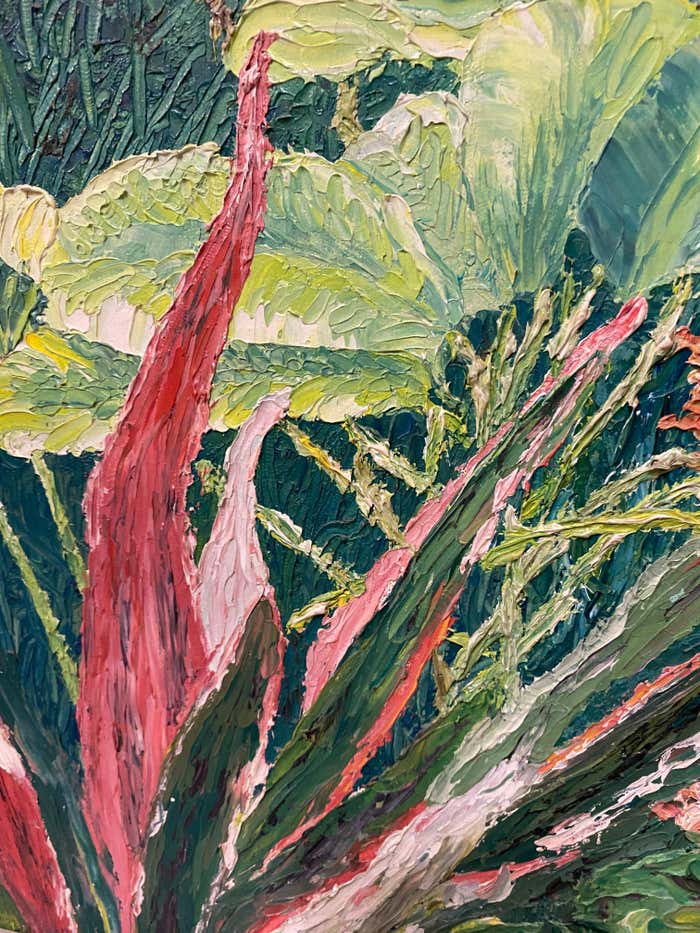 "Palm Tree Symphony" Impressionist Green and Red Oil Landscape Painting