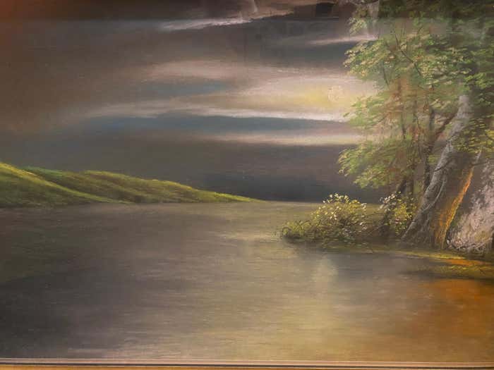 "Cabin by the Lake at Dusk" Midcentury Modern Landscape Oil Painting