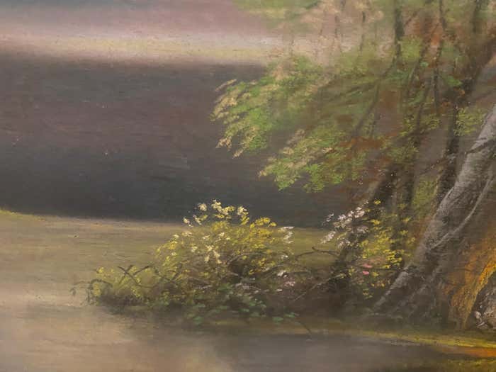 "Cabin by the Lake at Dusk" Midcentury Modern Landscape Oil Painting