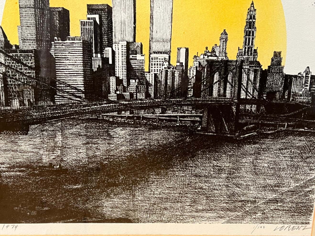 "Brooklyn Bridge Sunset" Woodblock Print by Lorenz