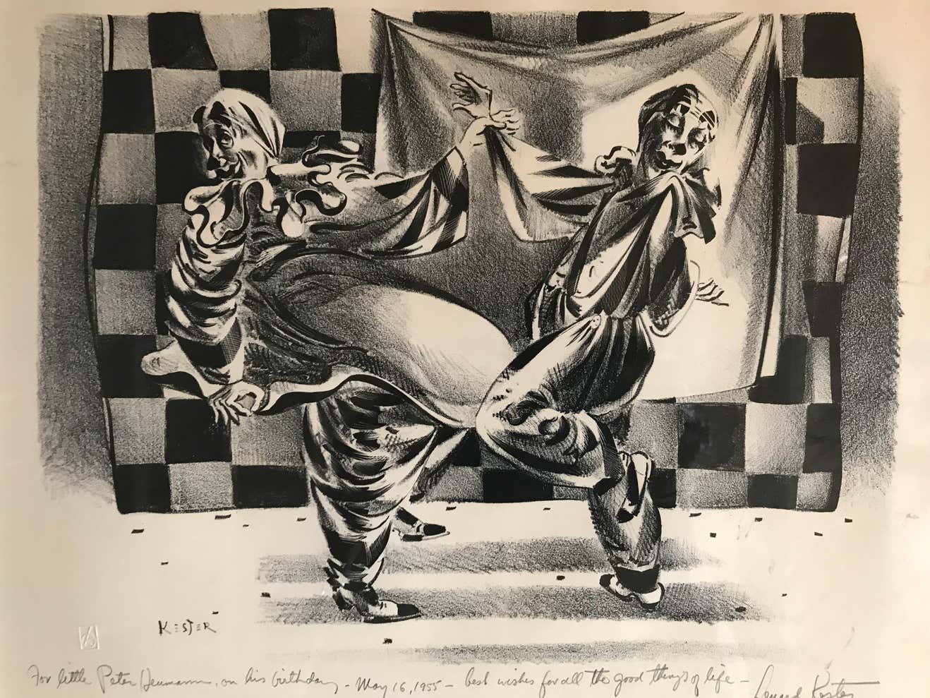 "Dancing Clowns" Black and White Drawing By Former Disney Artist Lenard Kester