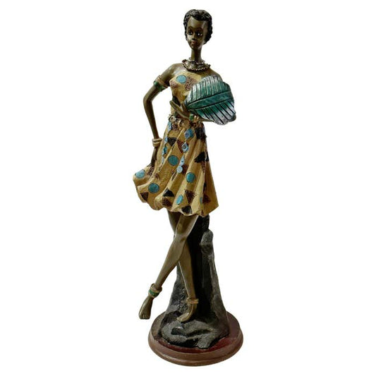 "Dancing in the Heat" African Figurine Sculpture Posing With Her Large Leaf Fan