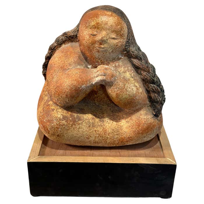Meditating Girl Statue - Sculpture in Pyrophyllite Patinated Stone