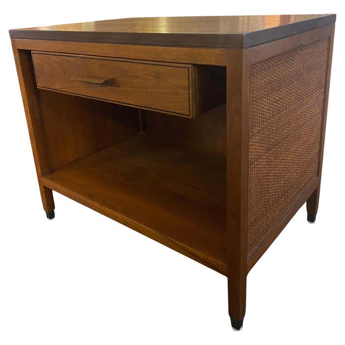 Midcentury Single Drawer Walnut and Wicker Nightstand