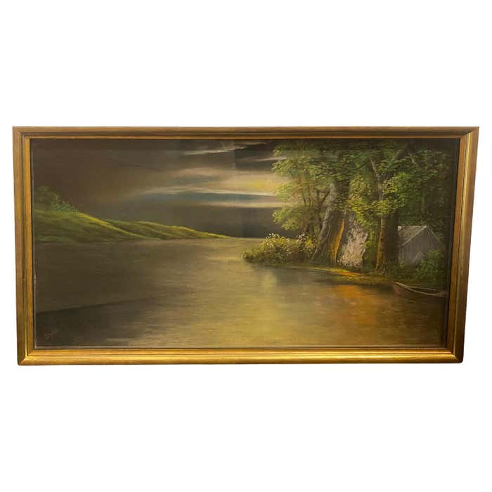 "Cabin by the Lake at Dusk" Midcentury Modern Landscape Oil Painting