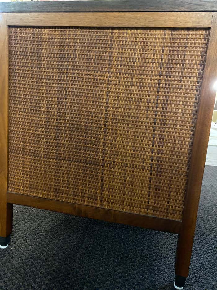 Midcentury Single Drawer Walnut and Wicker Nightstand