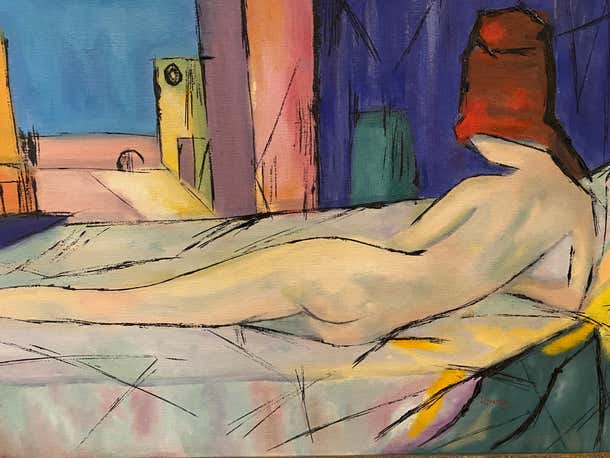 Mid-Century Horizontal Colorful Acrylic Nude by Cindy