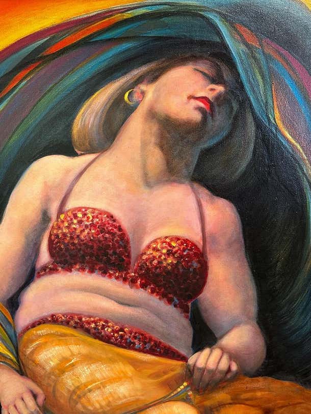 "Oriental Dancer Asleep" Large Acrylic Portrait on Canvas signed Lloyd