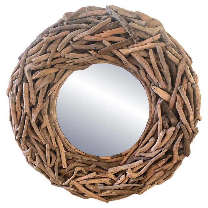 Midcentury Driftwood Wall Mirror with Interlaced Thin Branches